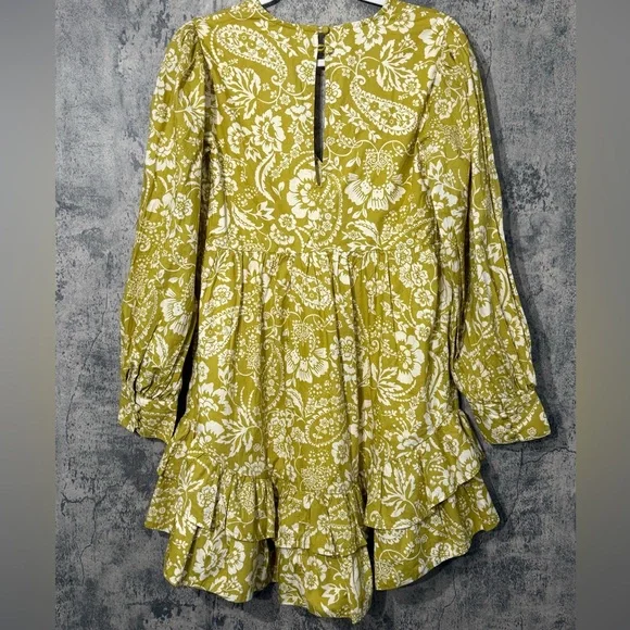 Anthropologie long sleeve v neck cotton dress olive tones green dress yellow - Picture 12 of 16